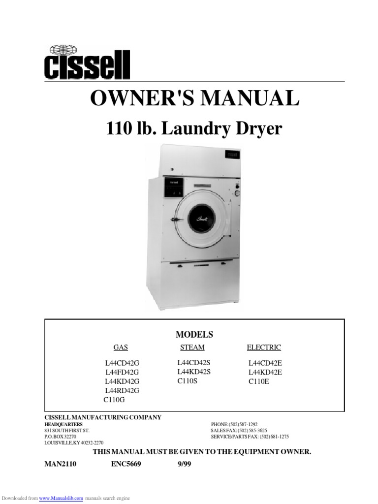 Cissell 110 lb Dryer Owner's Manual | PDF | Clothes Dryer | Duct (Flow)