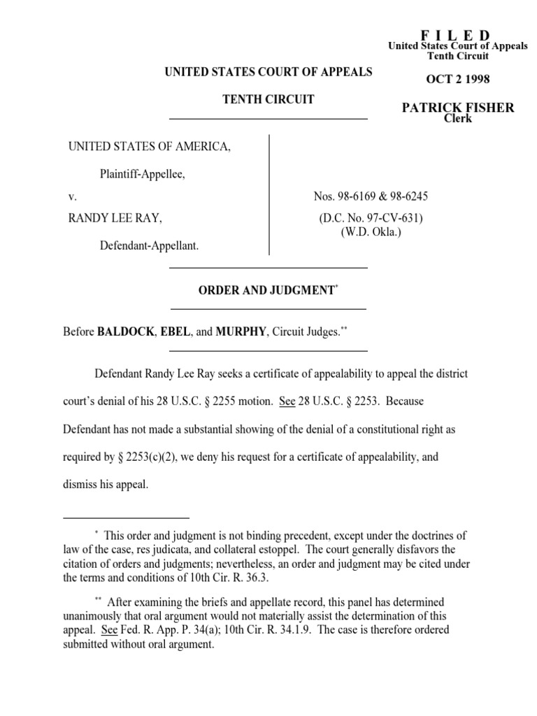 United States v. Ray, 10th Cir. (1998) PDF Strickland V. Washington Precedent