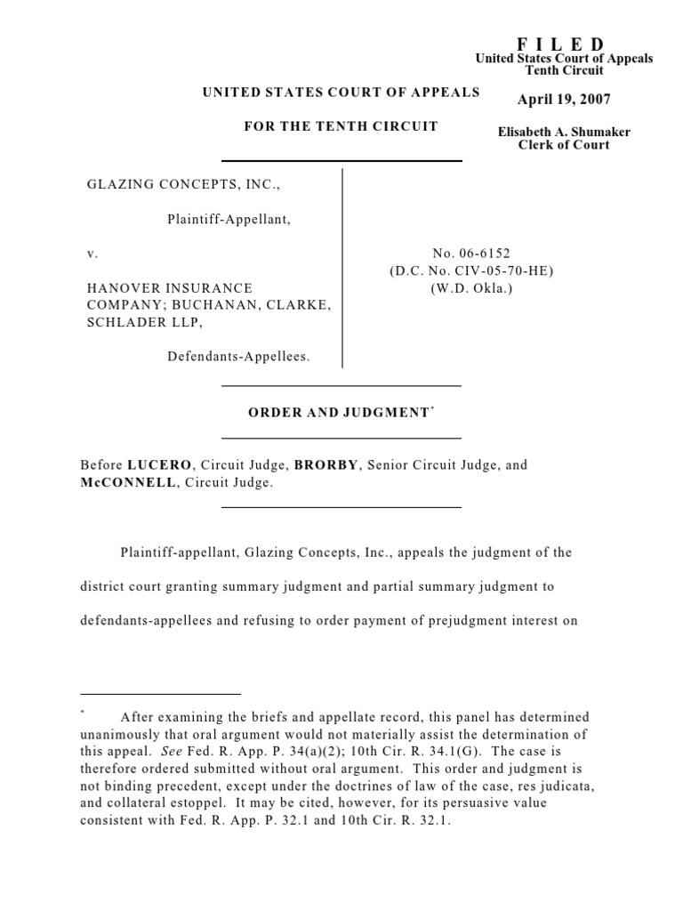 Glazing Concepts v. Hanover Insurance, 10th Cir. (2007) PDF Summary