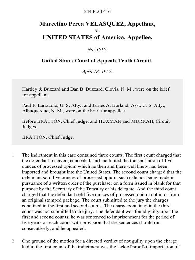 Marcelino Perea Velasquez v. United States, 244 F.2d 416, 10th Cir