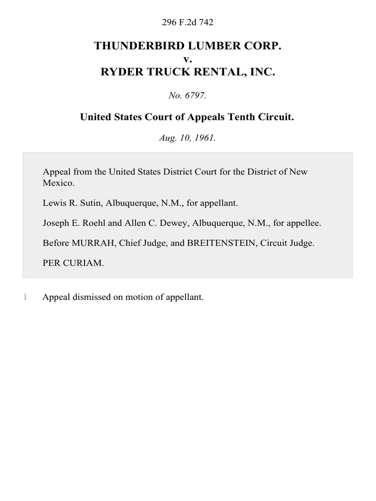 Thunderbird Lumber Corp. v. Ryder Truck Rental, Inc, 296 F.2d 742, 10th