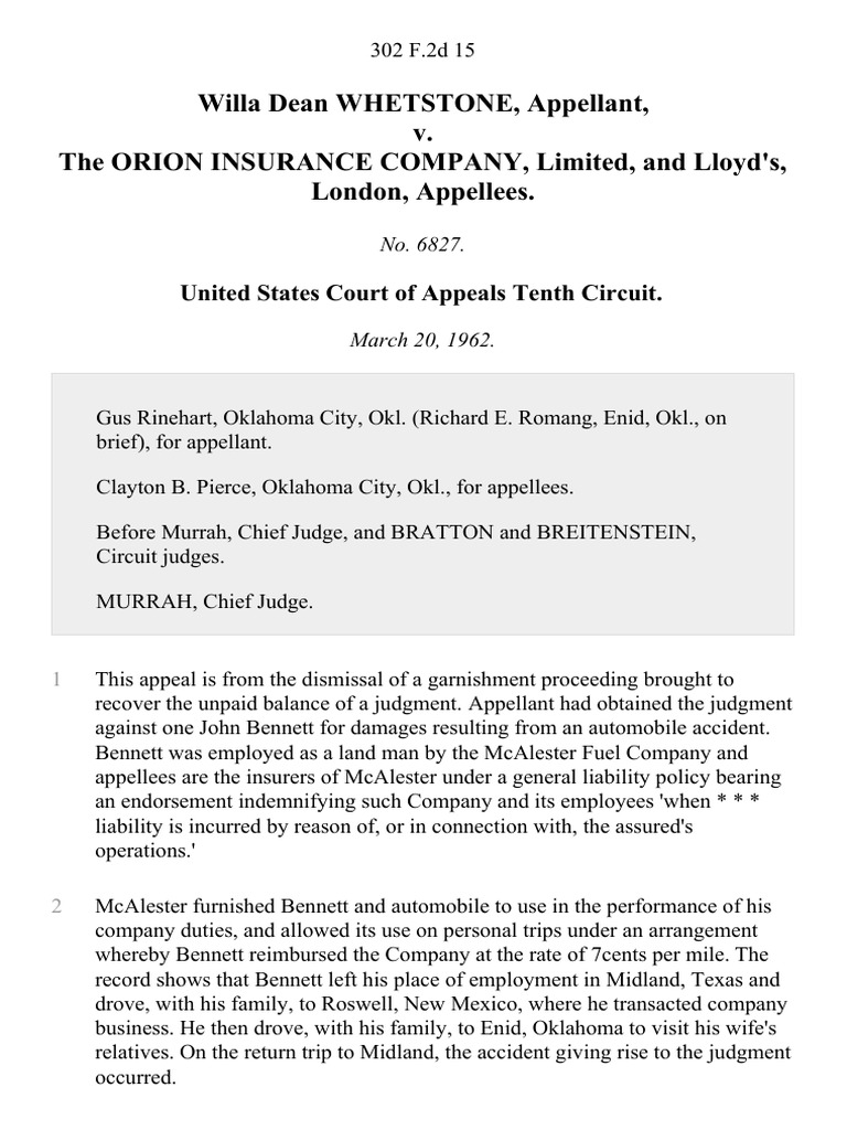 Willa Dean Whetstone v. The Orion Insurance Company, Limited, and Lloyd's, London, 302 F.2d 15