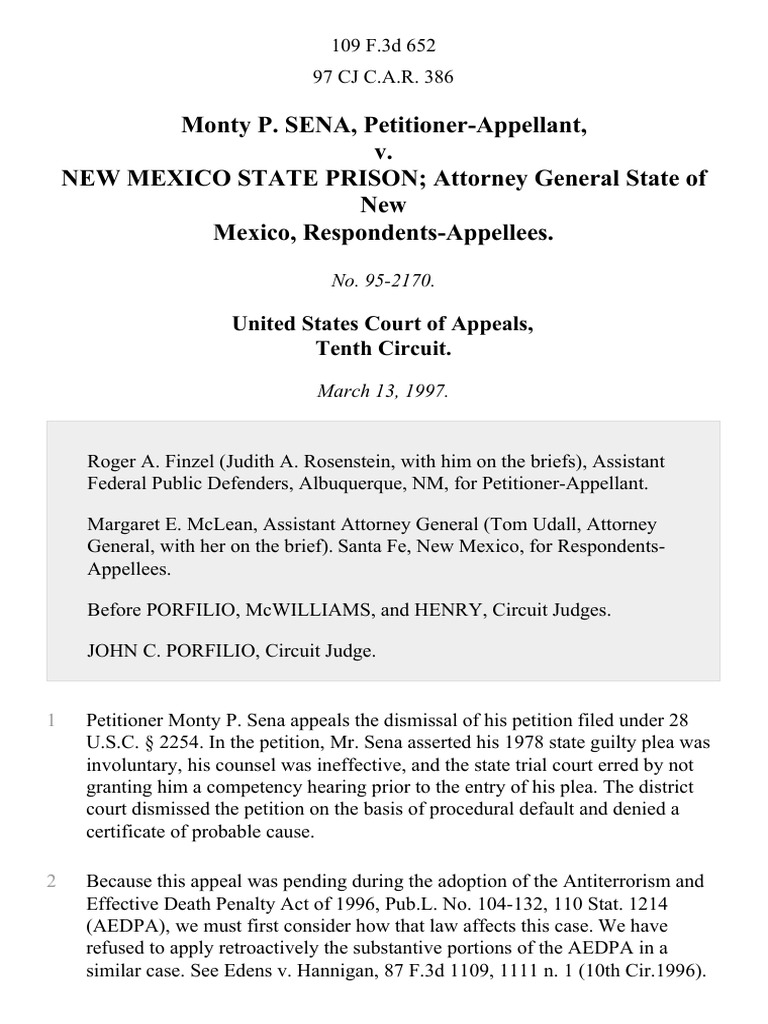 Monty P. SENA, PetitionerAppellant, v. NEW MEXICO STATE PRISON