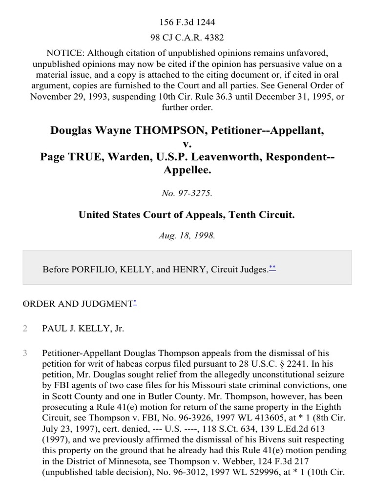 Douglas Wayne Thompson v. Page True, Warden, U.S.P. Leavenworth, 156 F