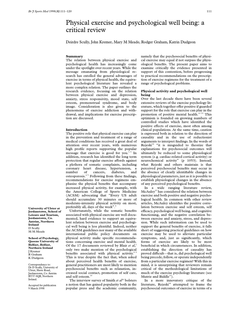 Physical Exercise and Psychological | PDF | Major Depressive Disorder ...