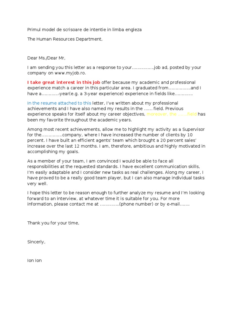 SCRISOARE INTENTIE | Internship | Motivation