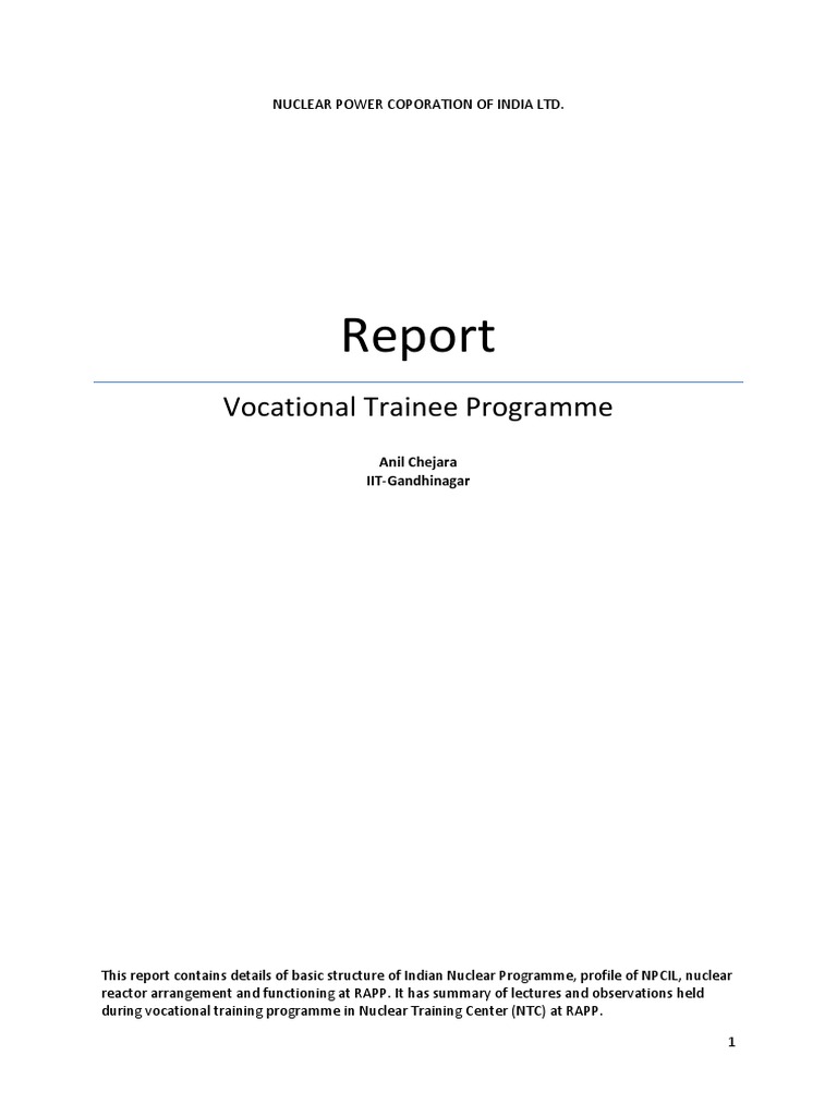 NPCIL Vocational Training Report Summary | PDF | Nuclear Reactor ...