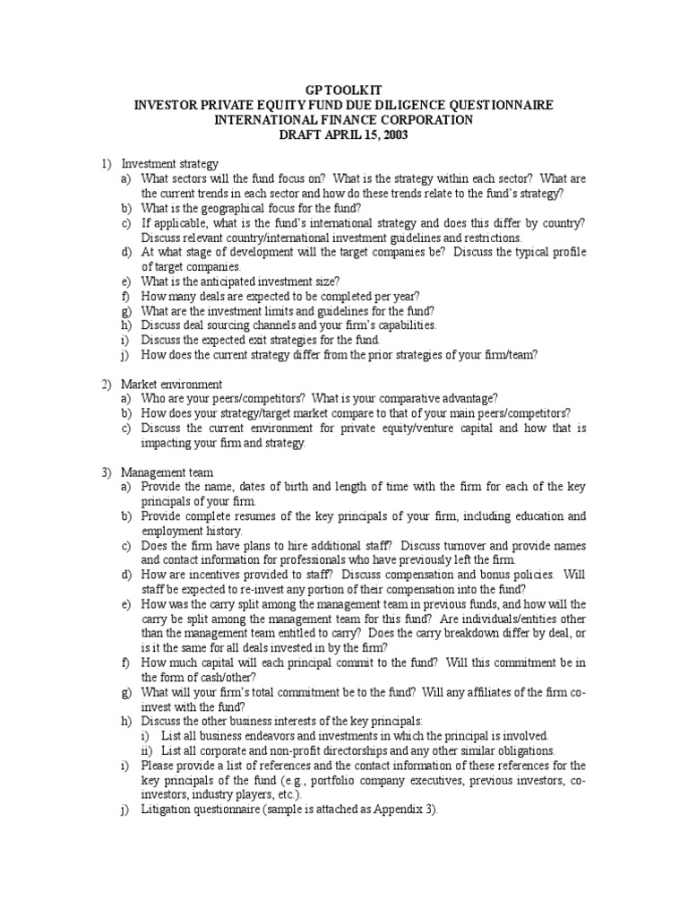 GP Toolkit - Private Equity Fund - Due Diligence Questionnaire | PDF ...