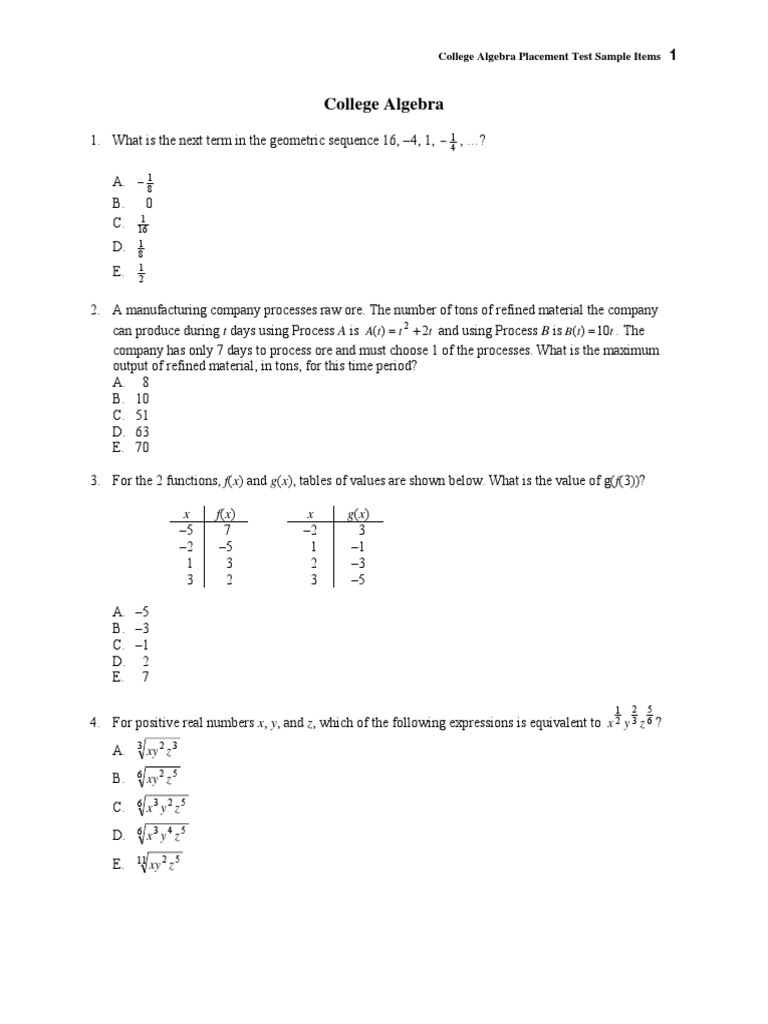 College Algebra Placement Test Samples | PDF | Trigonometric Functions ...