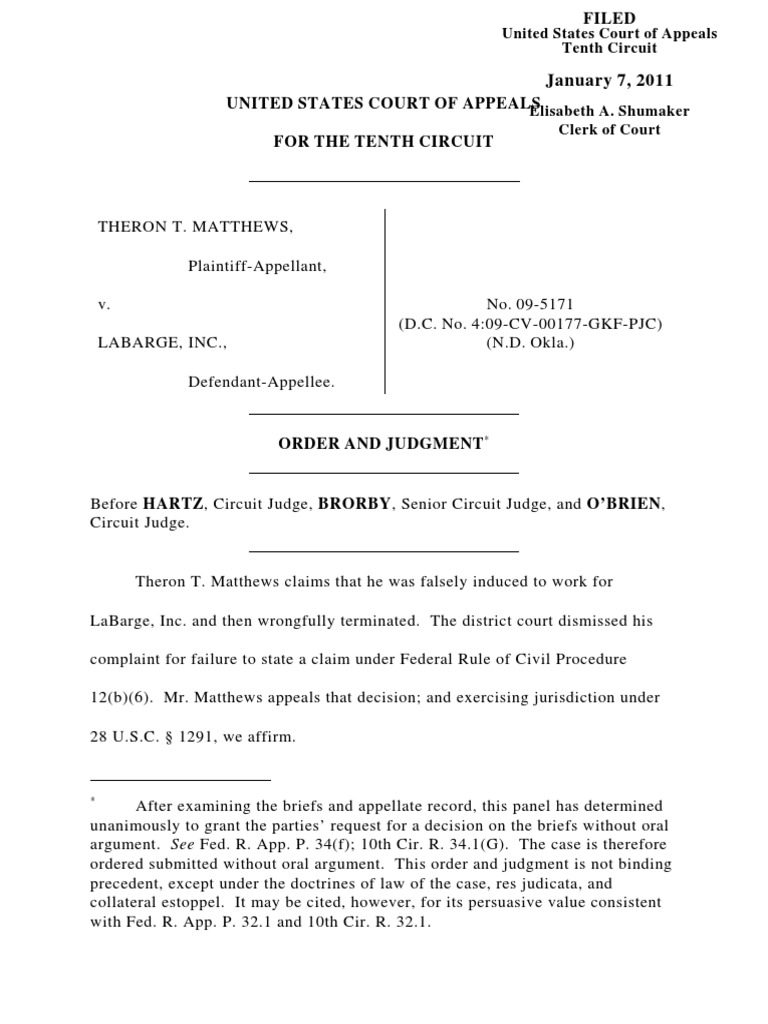 10th Circuit Rules That District Courts >> Matthews V Labarge Inc 10th Cir 2011 Federal Rules Of Civil 10th Circuit Rules That District Courts >> Matthews V Labarge Inc 10th Cir 2011 Federal Rules Of Civil