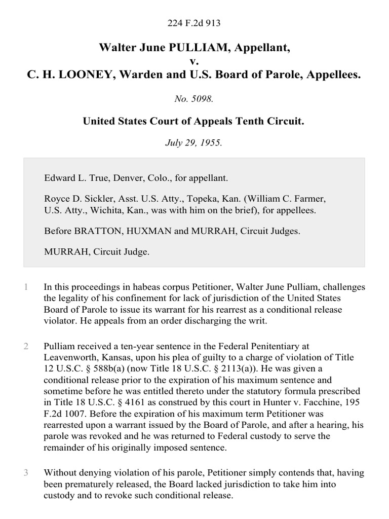 Walter June Pulliam v. C. H. Looney, Warden and U.S. Board of Parole ...