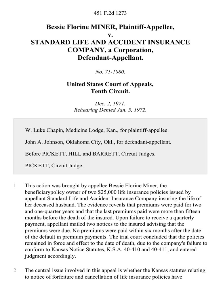 Bessie Florine Miner v. Standard Life and Accident Insurance Company, A Corporation, 451 F.2d