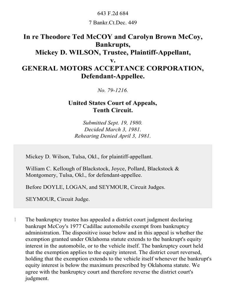 In Re Theodore Ted McCoy and Carolyn Brown McCoy Bankrupts, Mickey D