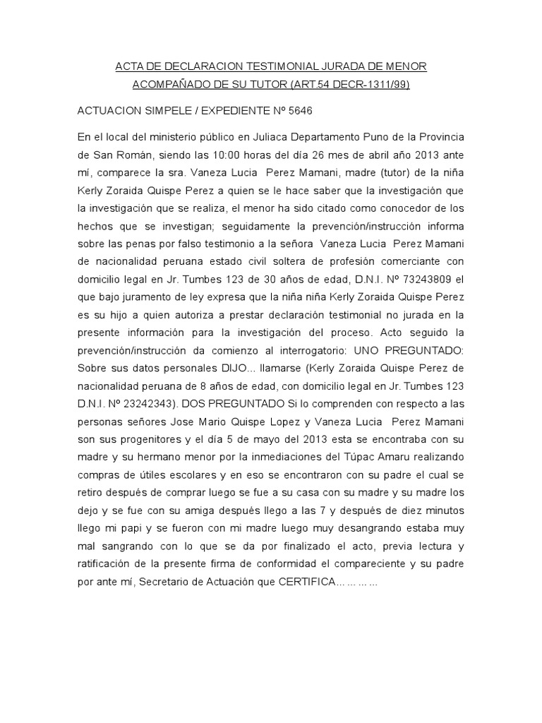 Acta de Declaracion Testimonial Jurada de Menor