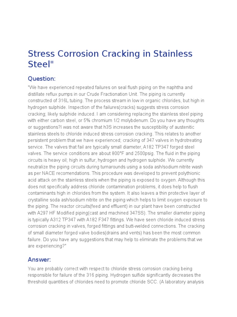 Stress Corrosion Cracking in Stainless Steel | PDF | Cracking ...