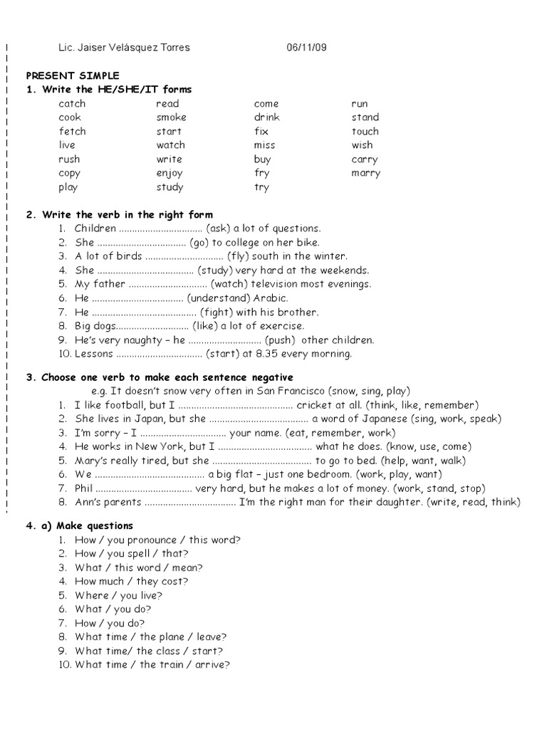 Present Simple Verb Forms and Exercises | PDF