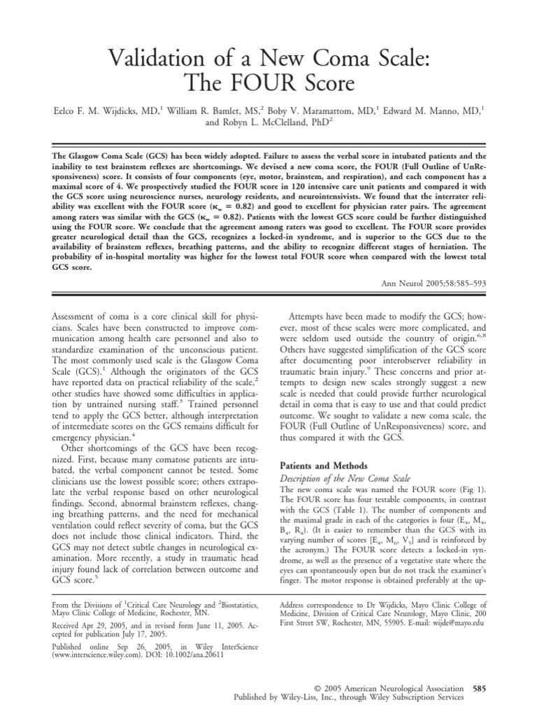 Validation of a New Coma Scale the FOUR Score | Coma | Sensitivity And ...