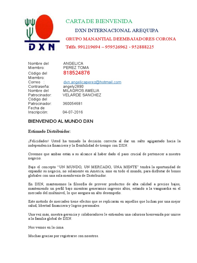 CARTA DE BIENVENIDA DXN.docx  Marketing  Mercado (Economía)