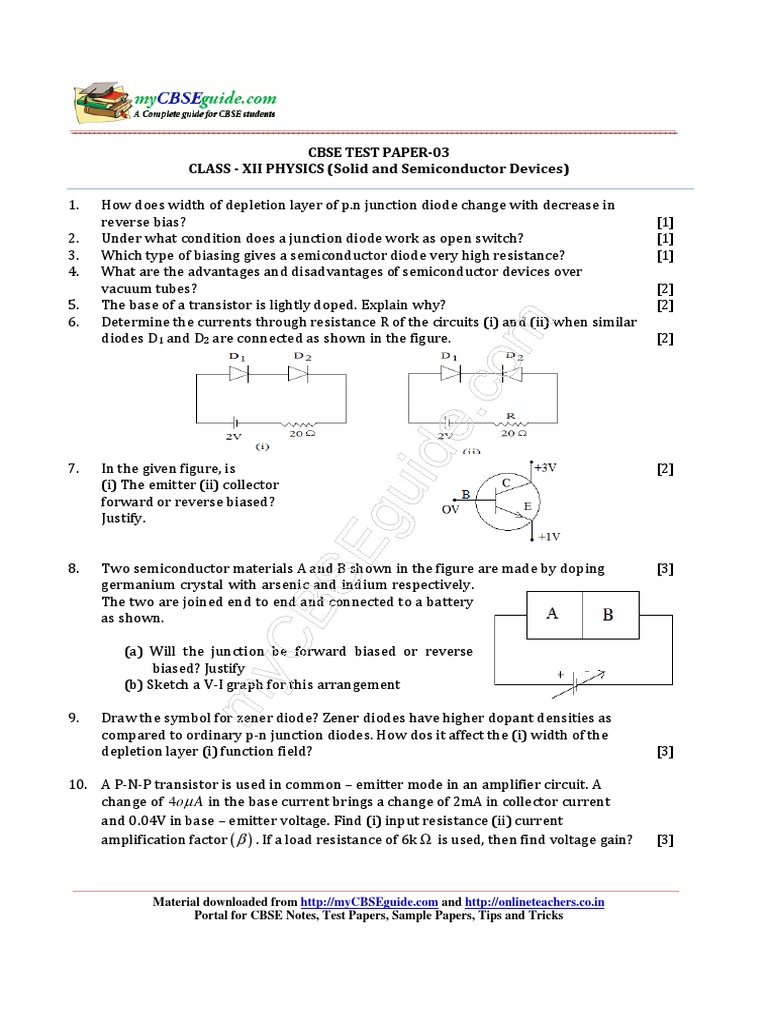 CBSE Class XII Physics Test Paper: Semiconductors | PDF