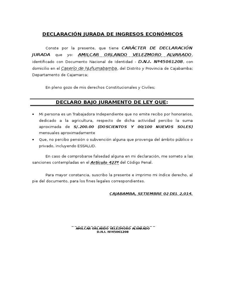 Declaracion Jurada de Ingresos - Velezmoro - 2014 | PDF | Ciencias ...