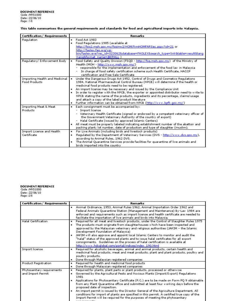 Malaysia Food Import & Labeling Standards | PDF | Food Safety | Foods