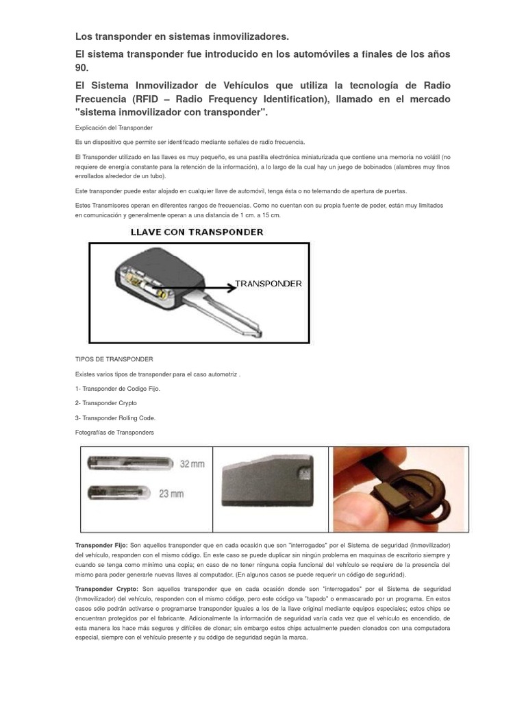 Tipos de Transponder en Inmovilizadores | PDF | Identificación de ...