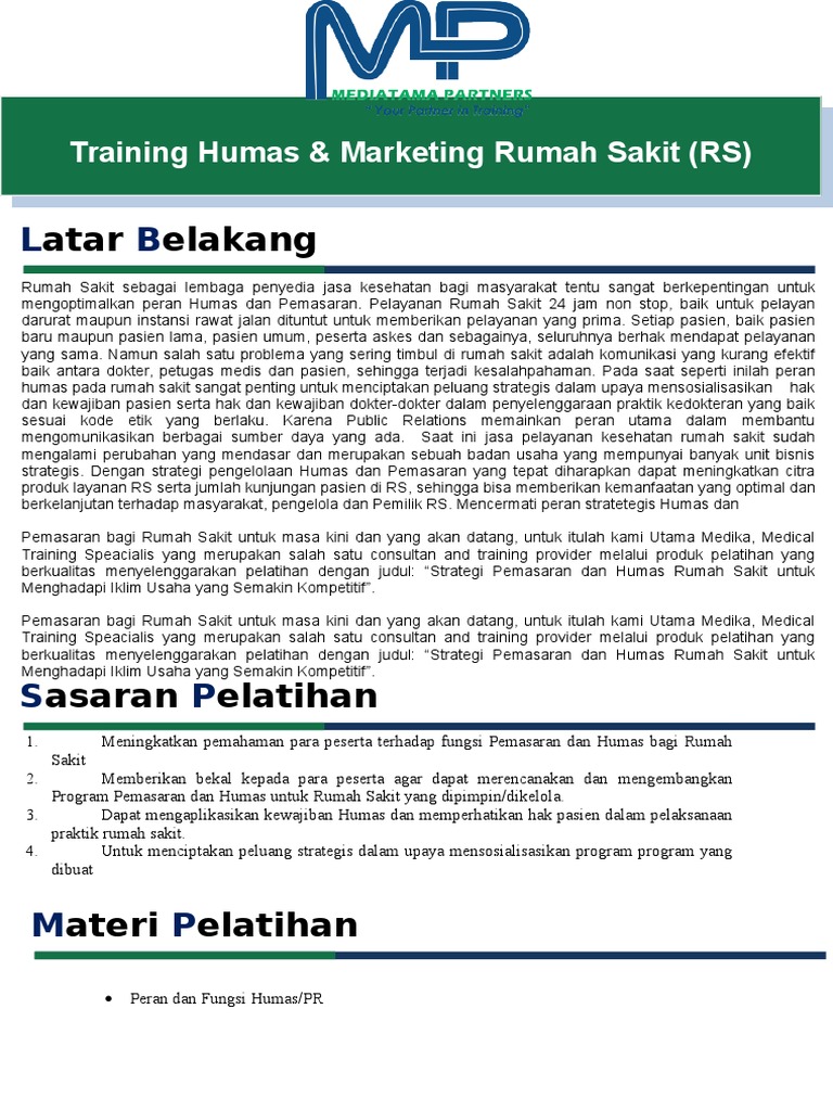 Training Humas &amp; Marketing Rumah Sakit (RS) PDF