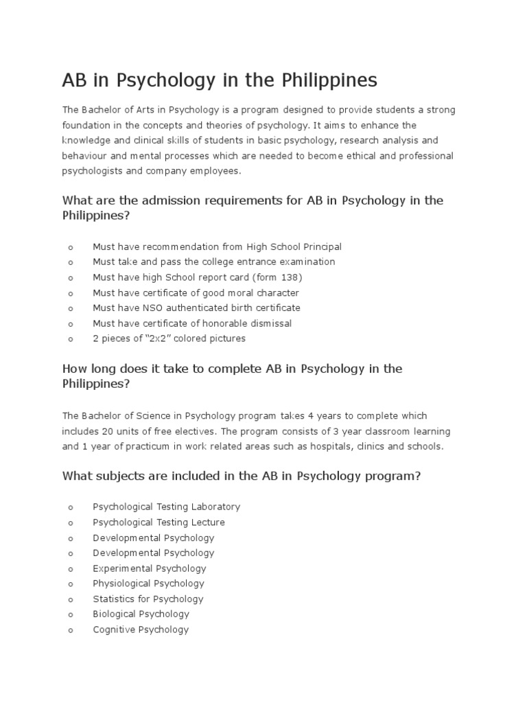 An Overview of the Bachelor of Arts in Psychology Program in the