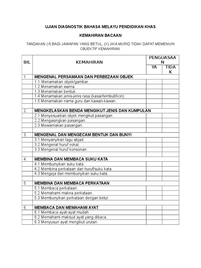 Ujian Diagnostik Bahasa Melayu Pendidikan Khas Kemahiran Bacaan