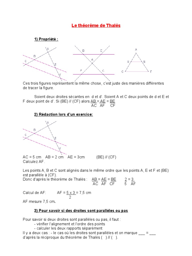 Fiche De Revision Theoreme De Thales Le théorème de Thalès