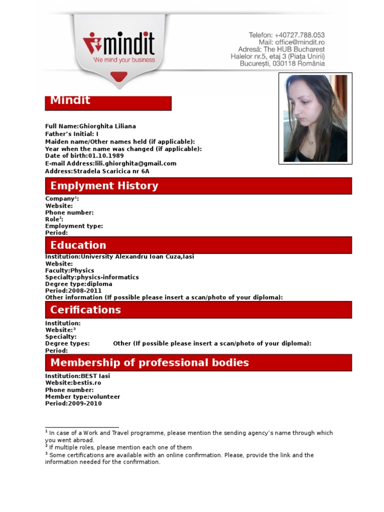 Mindit Application Form for Ghiorghita Liliana | PDF
