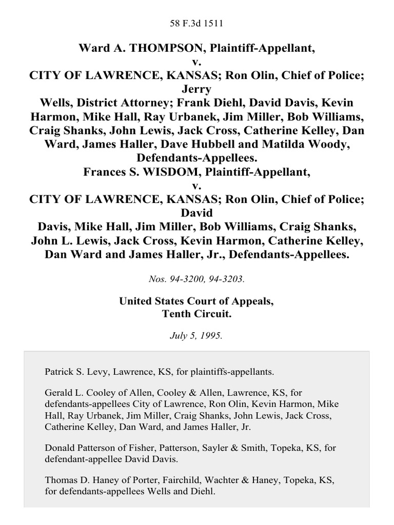 Ward A. Thompson v. City of Lawrence, Kansas Ron Olin, Chief of Police