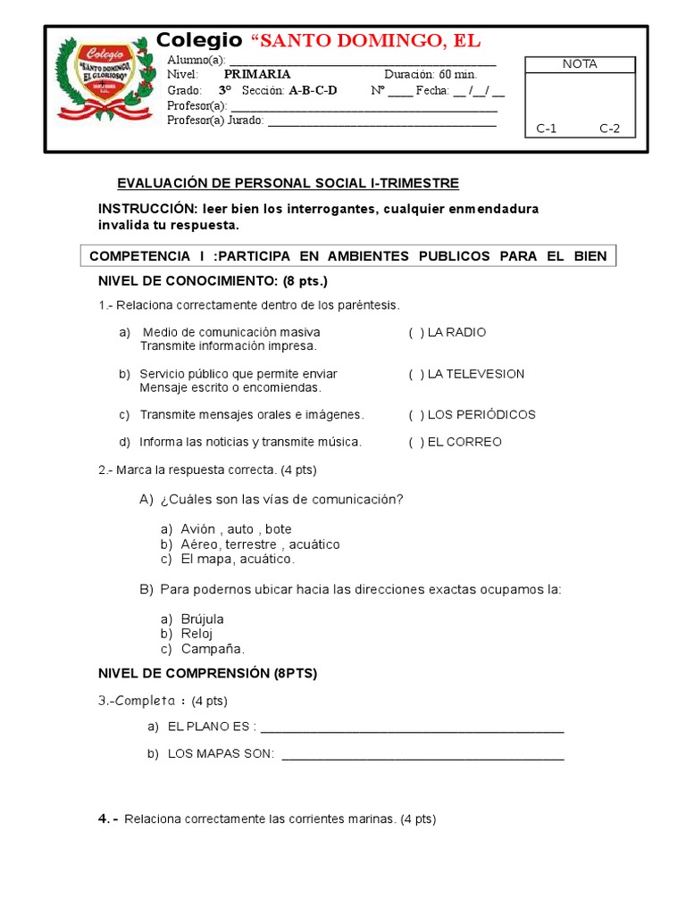 Examen Mensual de Personal Social Julio 3er Grado | PDF