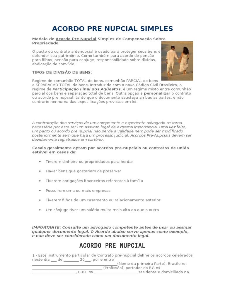 Acordo Pre Nupcial Simples - Modelo | PDF | Pensão alimentícia | Lei ...