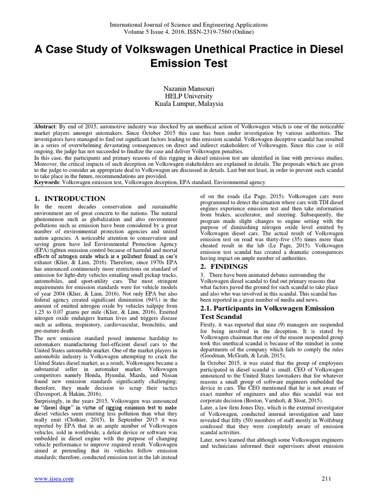 A Case Study of Volkswagen Practice in Diesel Emission Test PDF Volkswagen Air