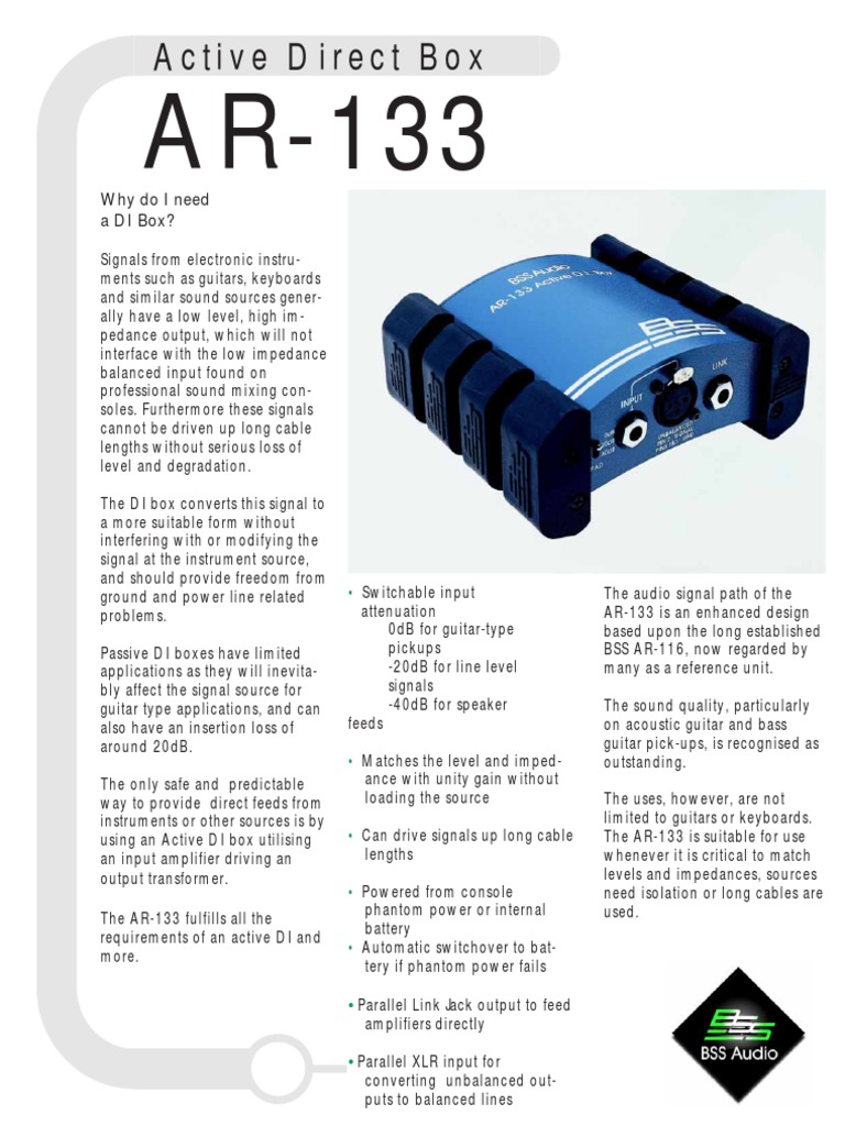 【10476】 BSS AUDIO AR-133 ACTIVE DI BOX Amazon.com: BSS Audio AR-133 Active DI Box : Musical Instruments