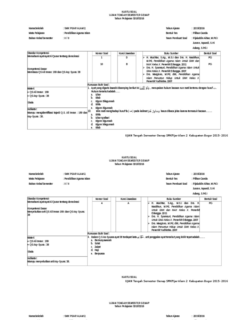 Kartu Soal Uts Semester Genap Pai Kelas X 2015 2016 Pijar 2