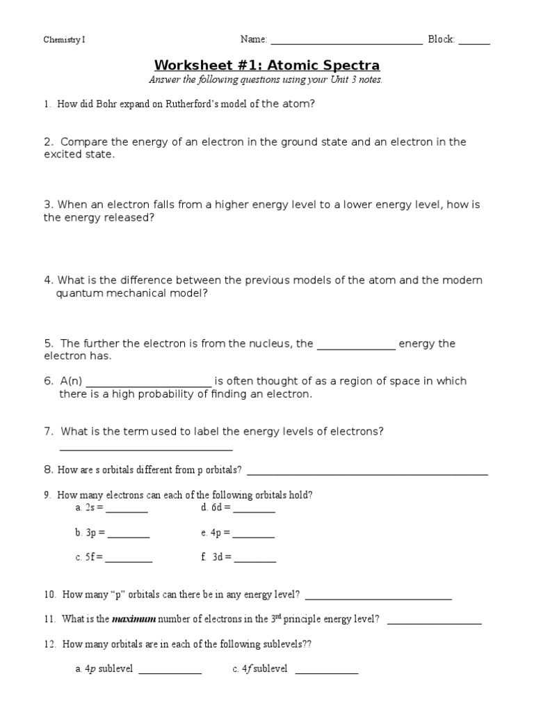 Atomic Orbital Worksheets | Atomic Orbital | Electron Configuration