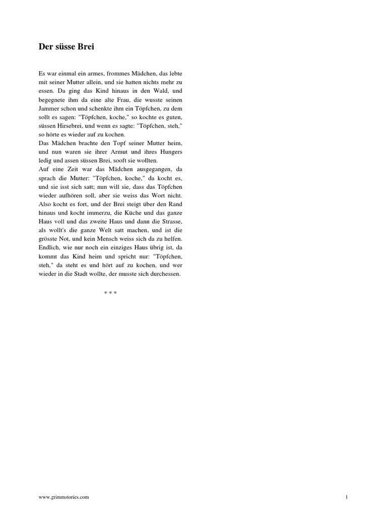 Der Süsse Brei Grimms Märchen PDF