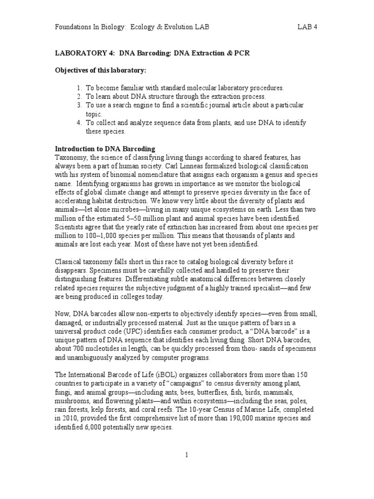 Lab 4 - DNA Barcoding and Extraction PDF | PDF | Polymerase Chain ...
