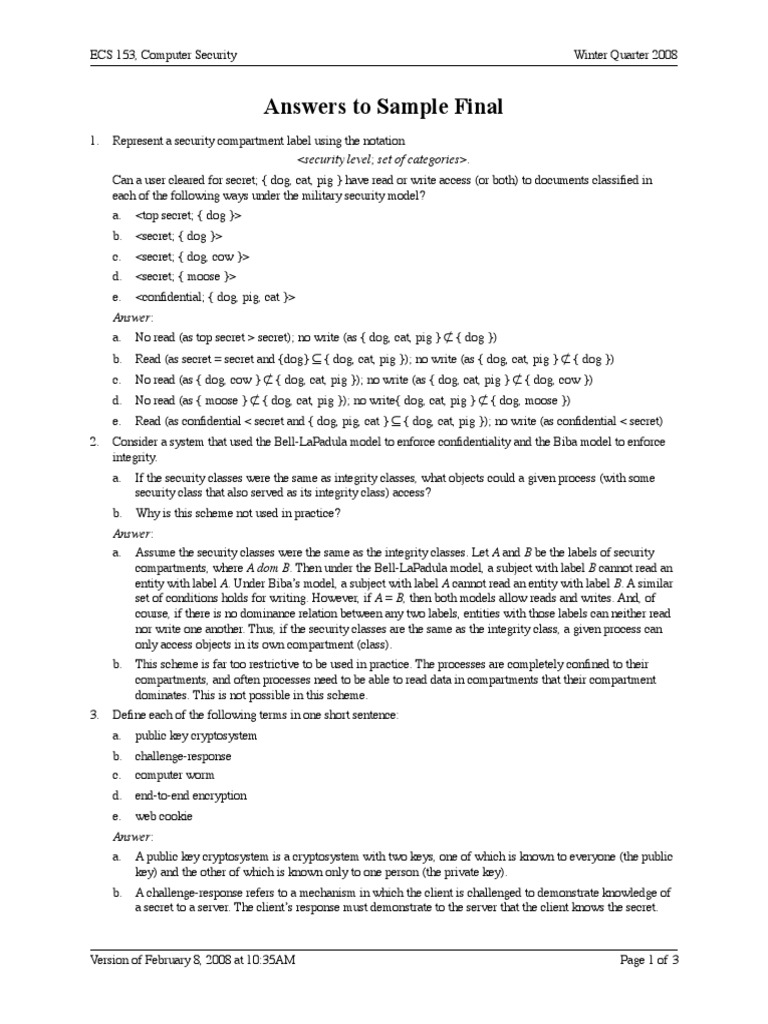 Computer Security Final Exam Solutions | PDF | Public Key Certificate ...