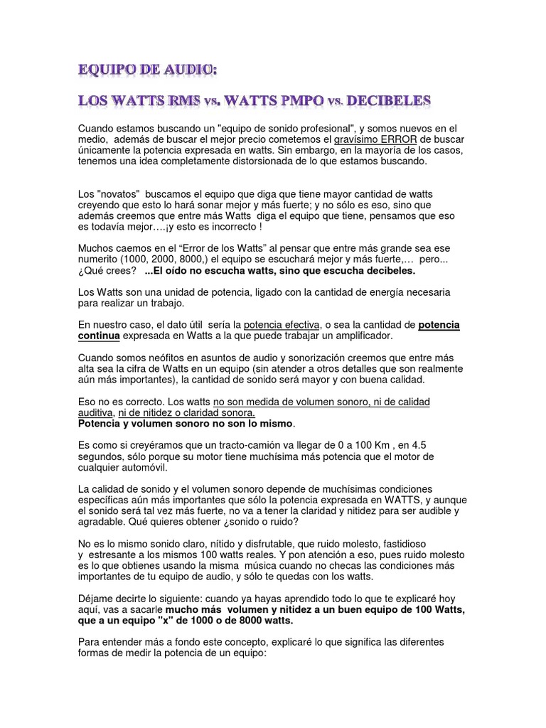 Equipo de Audio: Watts RMS vs. Watts PMPO vs. Decibeles | PDF ...