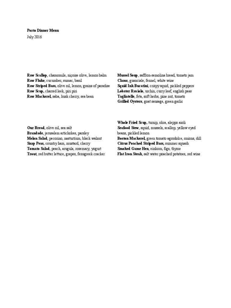 Porto Dinner Menu July 2016 | PDF
