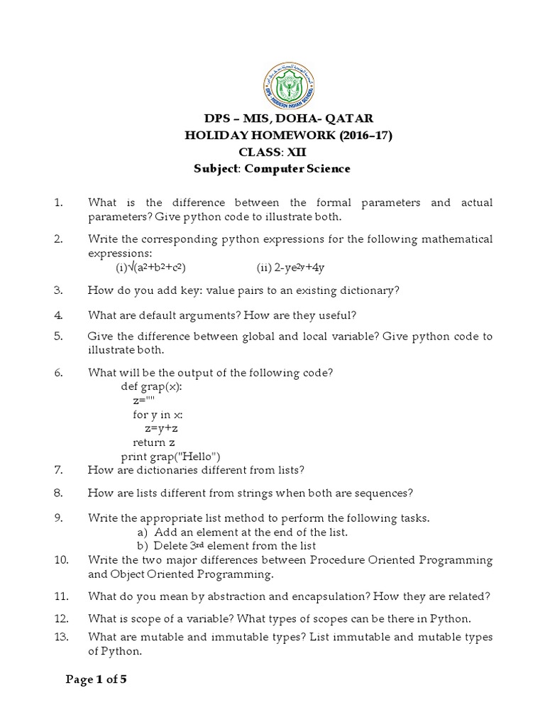 Cbse 12 holiday homework method computer programming class