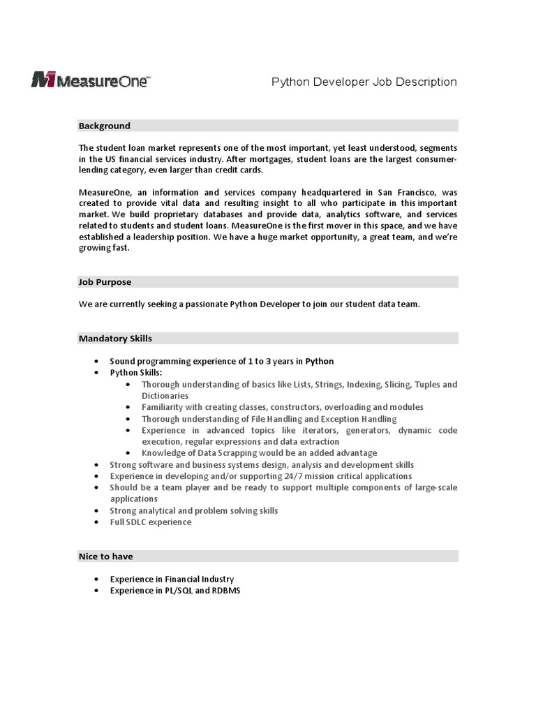 Python Developer Job Description: Background | PDF