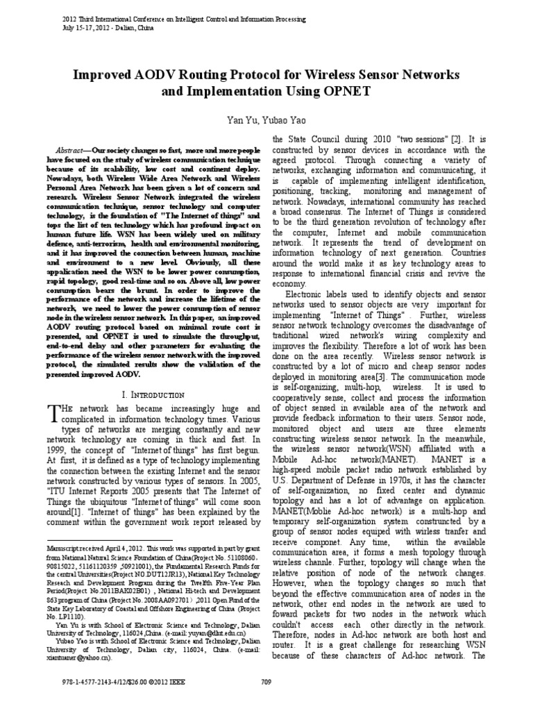 Improved AODV Routing Protocol For Wireless Sensor Networks and