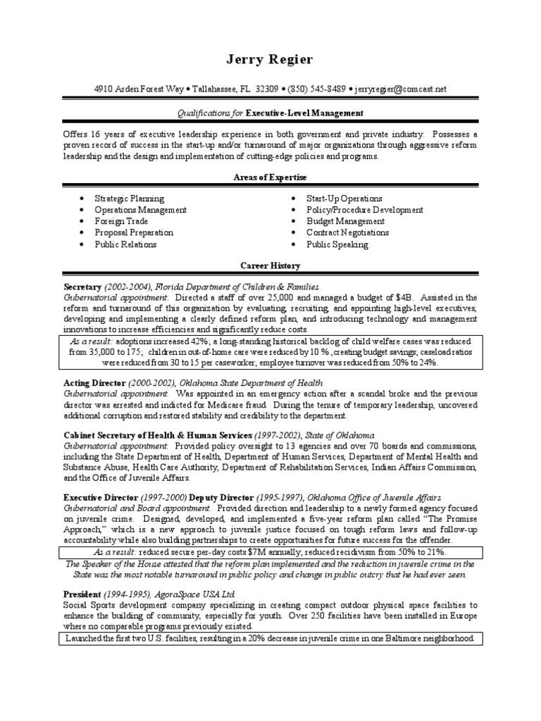 Resume of Jerry Regier, former Secretary of Department of ...