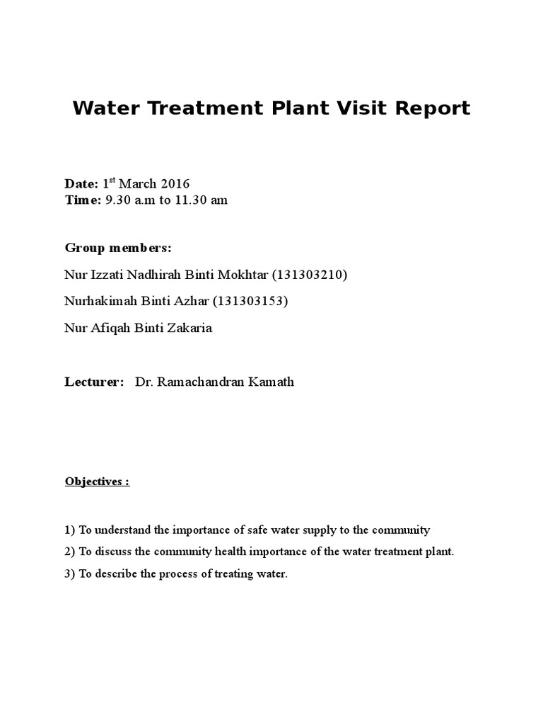 Water Treatment Plant Visit Report PDF Water Purification Sewage