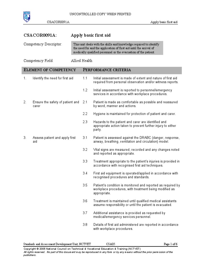 CSACOR0091A - Apply Basic First Aid | PDF | First Aid | Competence ...