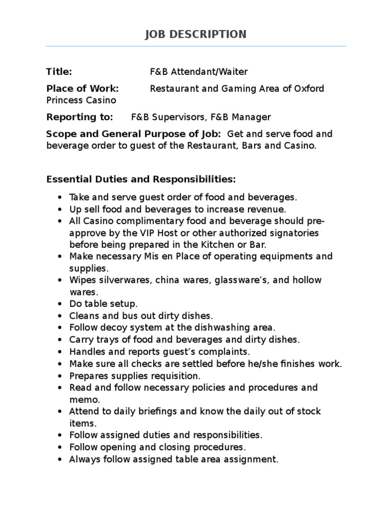 Job Descriptions Waiting Staff Tableware